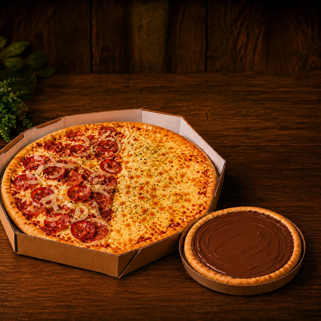 combo perfeito-1pizza grande salgada+1broto de brigadeiro